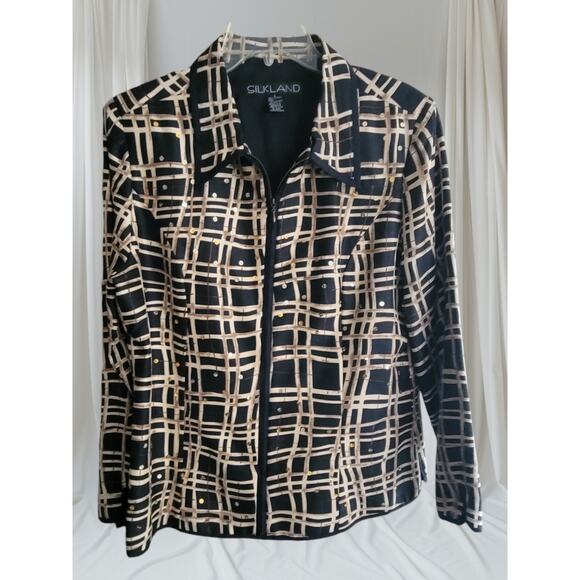 Silkland Women Jacket 100% silk Size Large Geometric design Sequins Lined - Picture 1 of 12